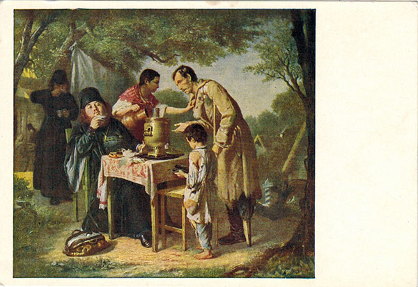 1954 Russian postcard TEA TIME IN MYTISHCHI NEAR MOSCOW by V.G. ...